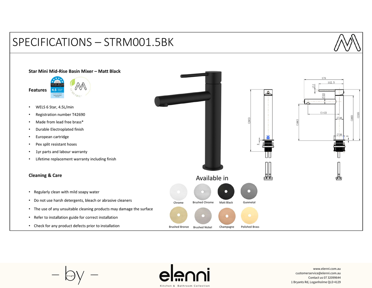 Star Mini Mid Rise Basin Mixer Spec (Kiri)