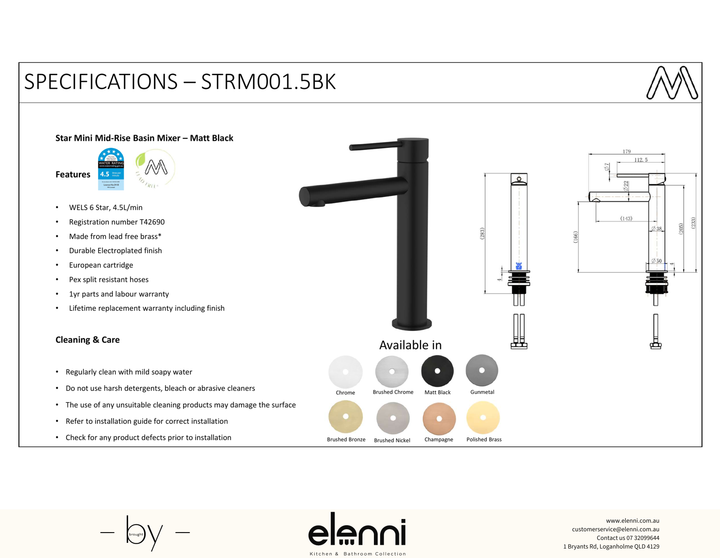 Star Mini Mid Rise Basin Mixer Spec (Kiri)