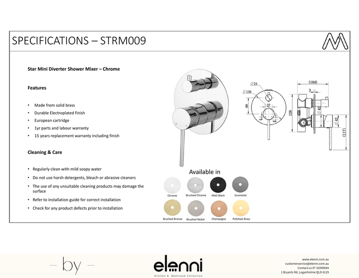 Star Mini Shower Diverter Mixer - Elenni Kiri specification drawing