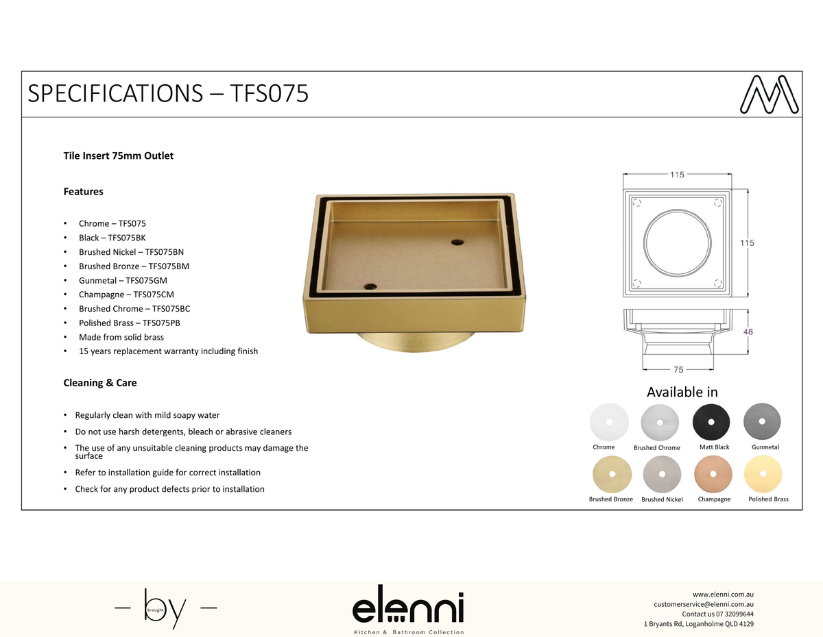 Tile Insert 75mm - Elenni specification drawing