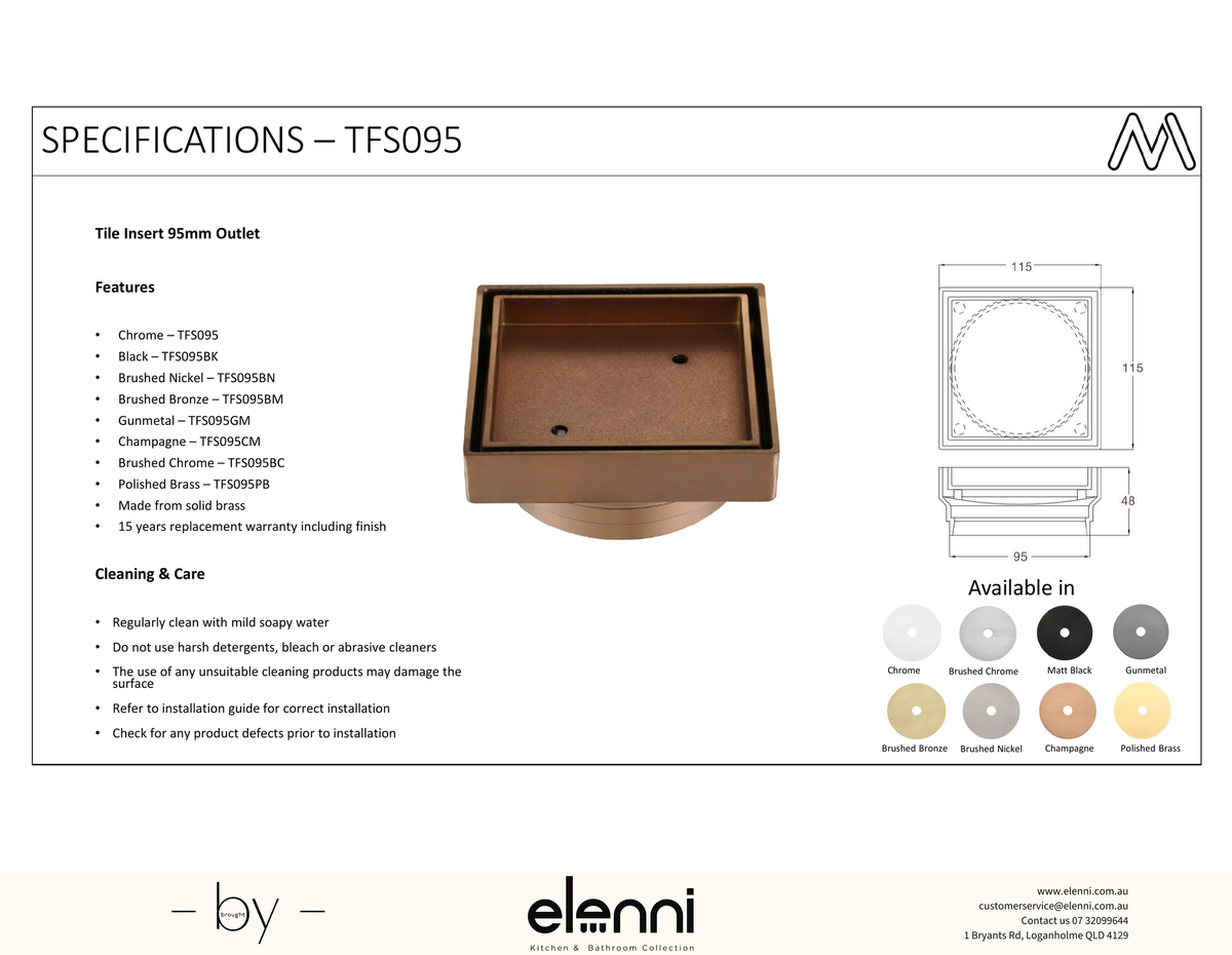 Tile Insert 95mm - Elenni specification drawing