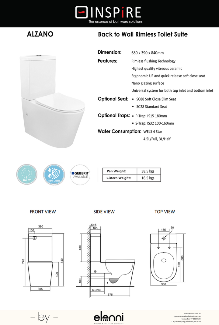 Alzano Rimless Back to Wall Toilet Suite, Gloss White - Elenni specification drawing