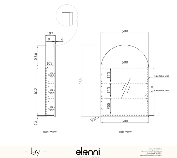 Elenni specification drawing, Archie 900 Black Oak Shaving Cabinet
