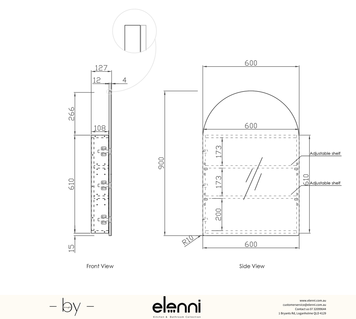 Archie 900mm White Shaving Cabinet Elenni specification drawing