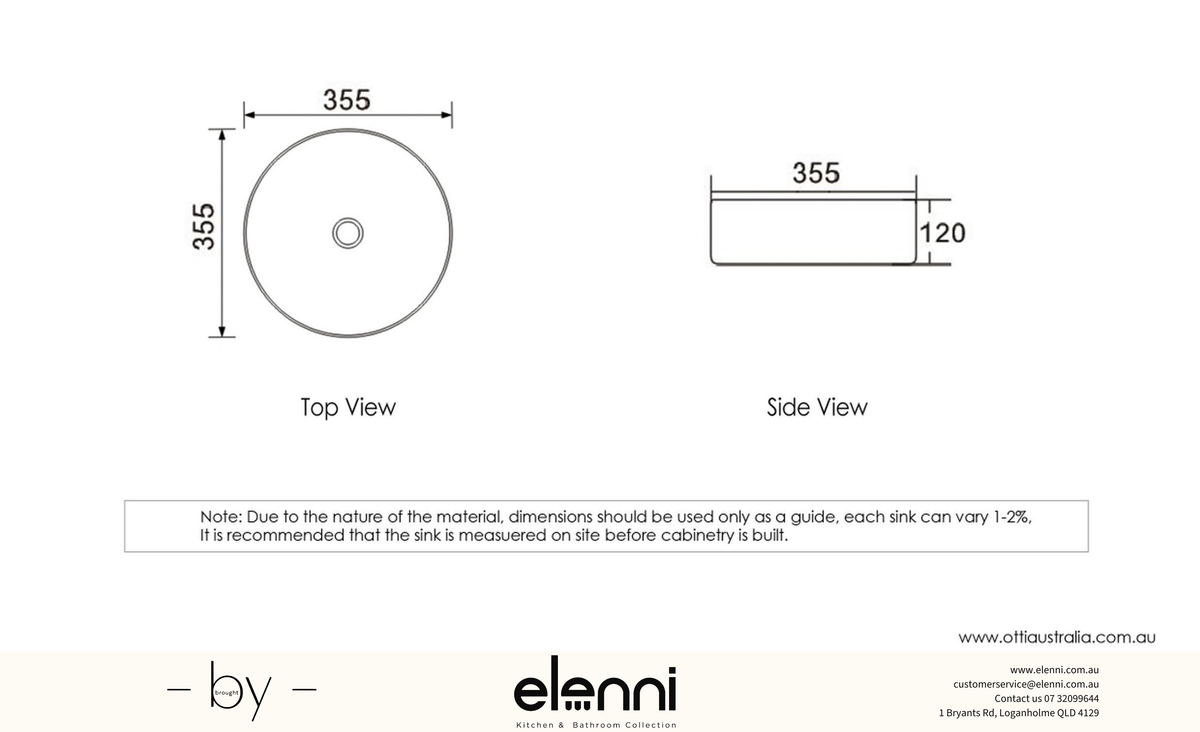 Elenni specification drawing, Artis 88 355x355x120 Matte White Basin