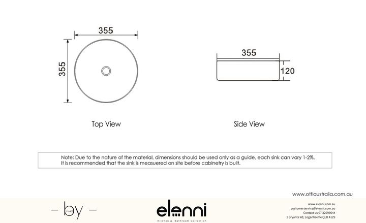 Elenni specification drawing, Artis 88 355x355x120 Matte White Basin