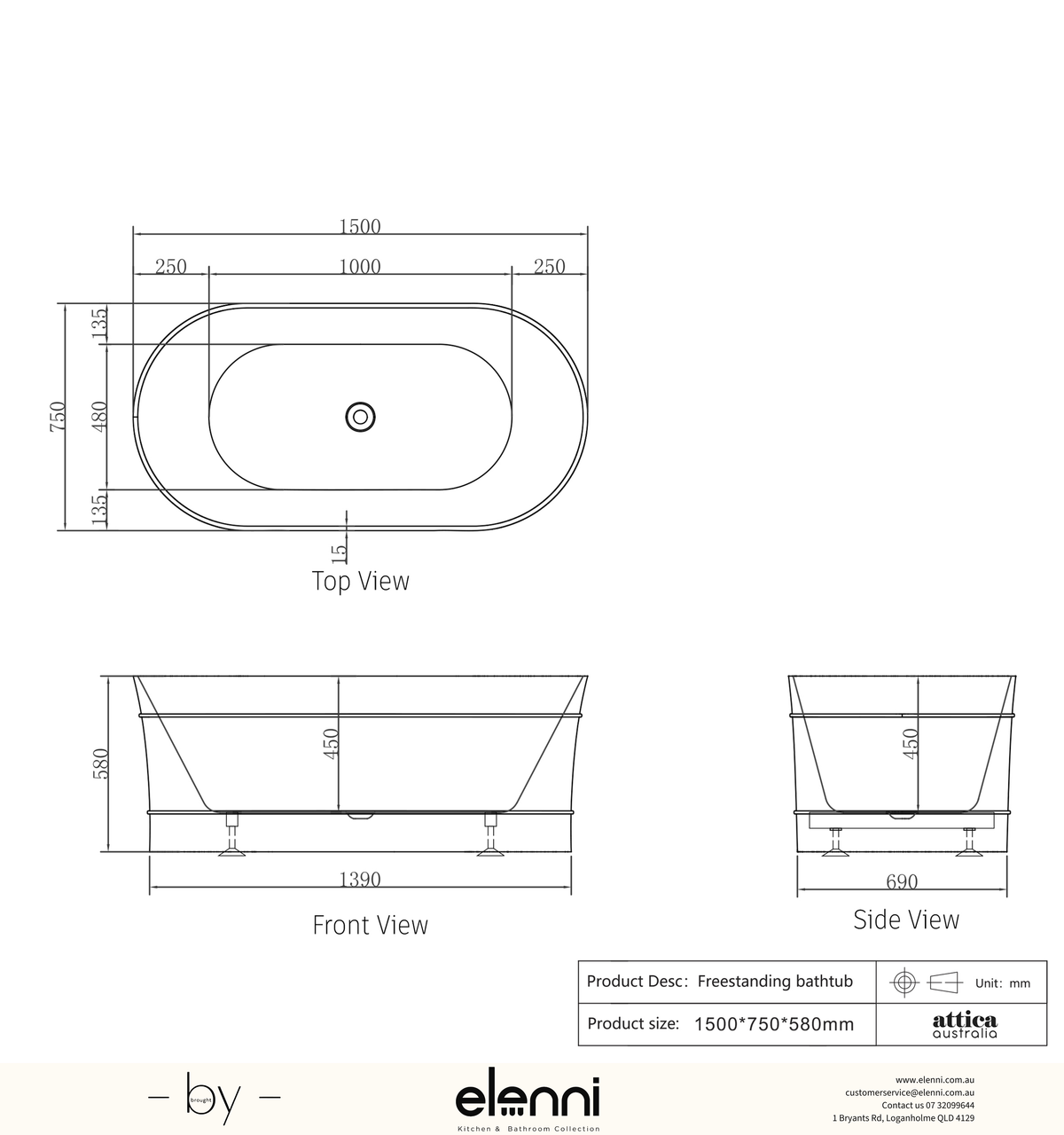 Attica Bondi 1500 Gloss White Bath - Elenni specification drawing