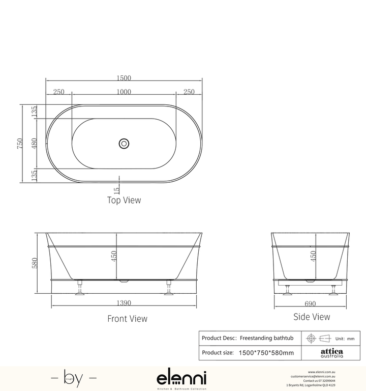 Attica Bondi 1500 Gloss White Bath - Elenni specification drawing