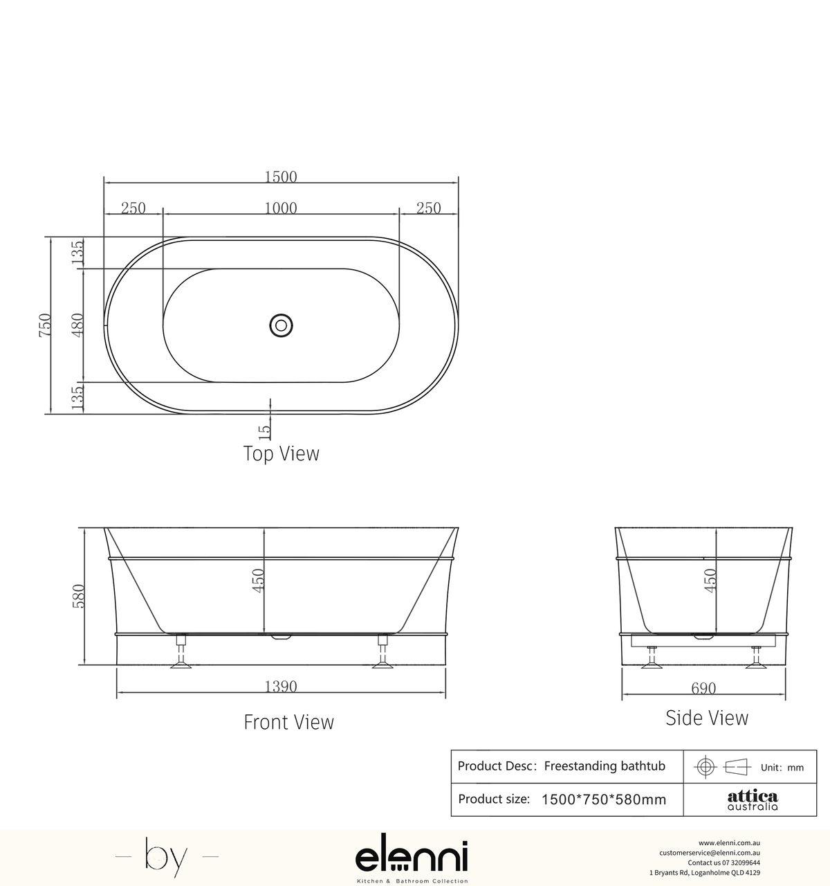 Attica Bondi 1500 Gloss White Bath - Elenni specification drawing