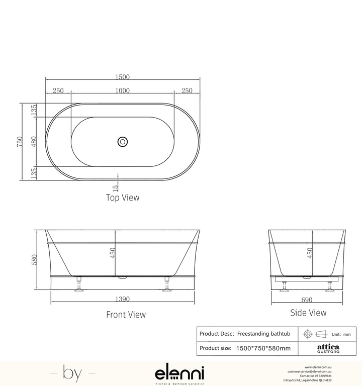 Attica Bondi 1500 Gloss White Bath - Elenni specification drawing