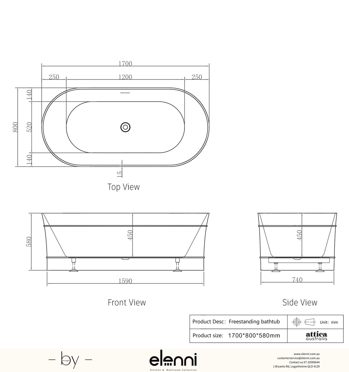 Attica Bondi 1700 Matte White Bath with Overflow - Elenni specification drawing