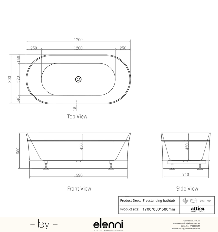 Attica Bondi 1700 Matte White Bath with Overflow - Elenni specification drawing
