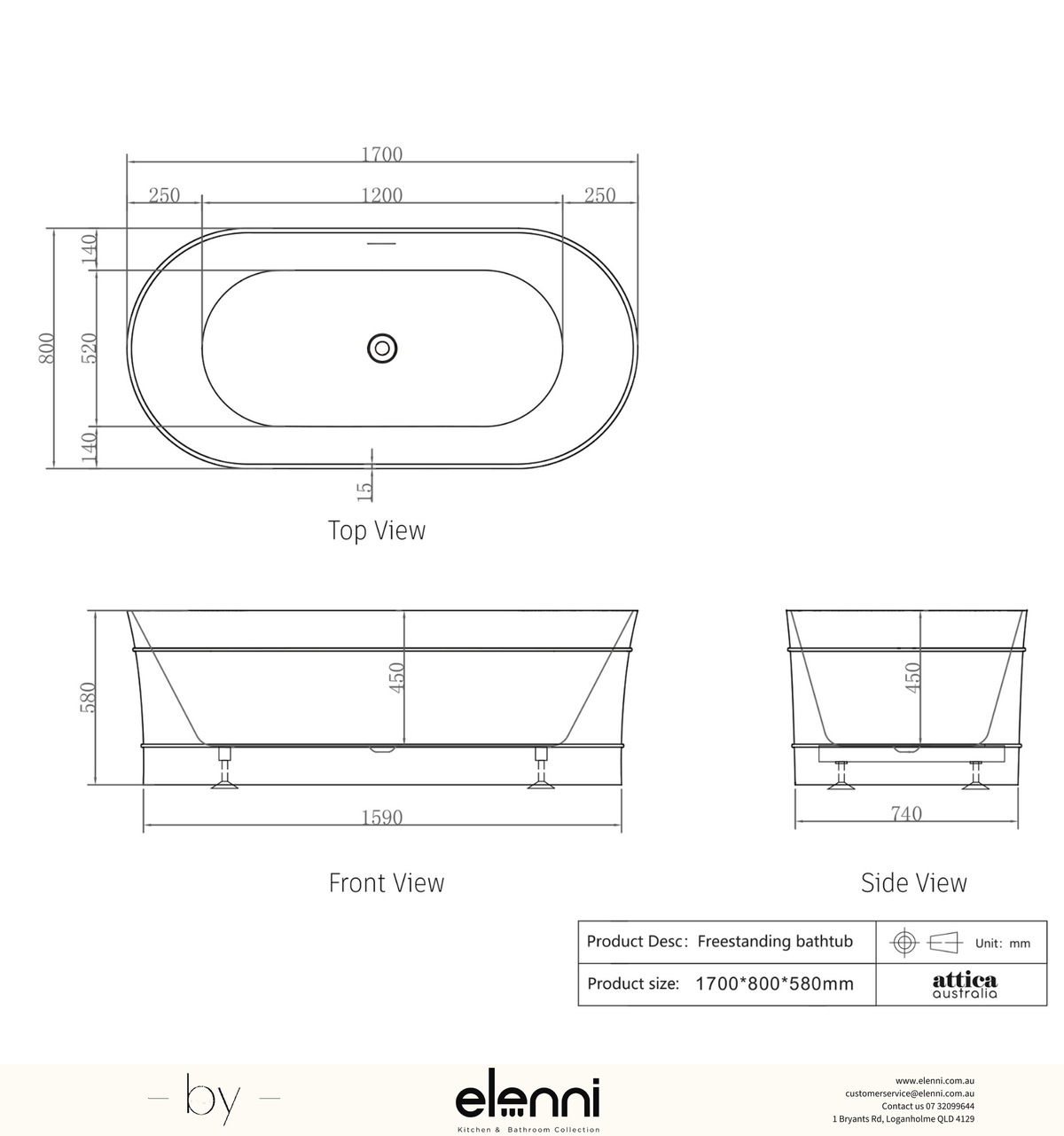 Attica Bondi 1700 Gloss White Bath with Overflow - Elenni specification drawing