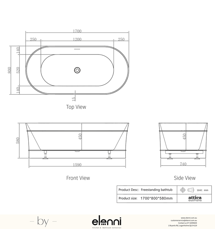 Attica Bondi 1700 Gloss White Bath with Overflow - Elenni specification drawing