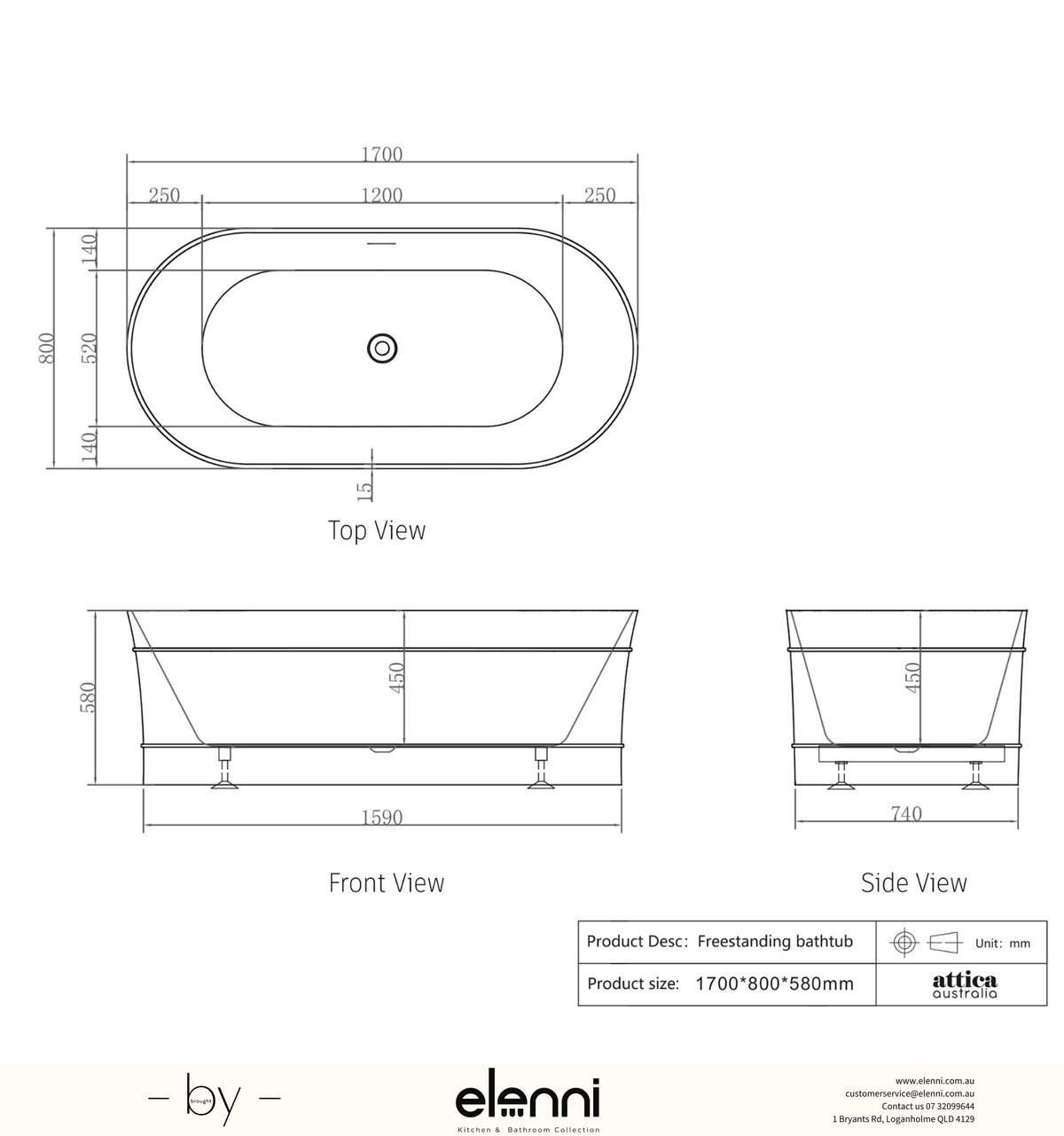 Attica Bondi 1700 Gloss White Bath with Overflow - Elenni specification drawing