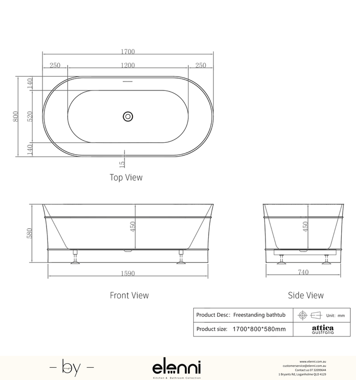 Attica Bondi 1700 Gloss White Bath with Overflow - Elenni specification drawing
