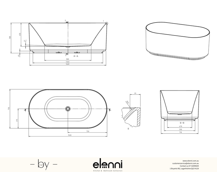 Attica Celine 1500 Gloss White Bath with Overflow - Elenni specification drawing