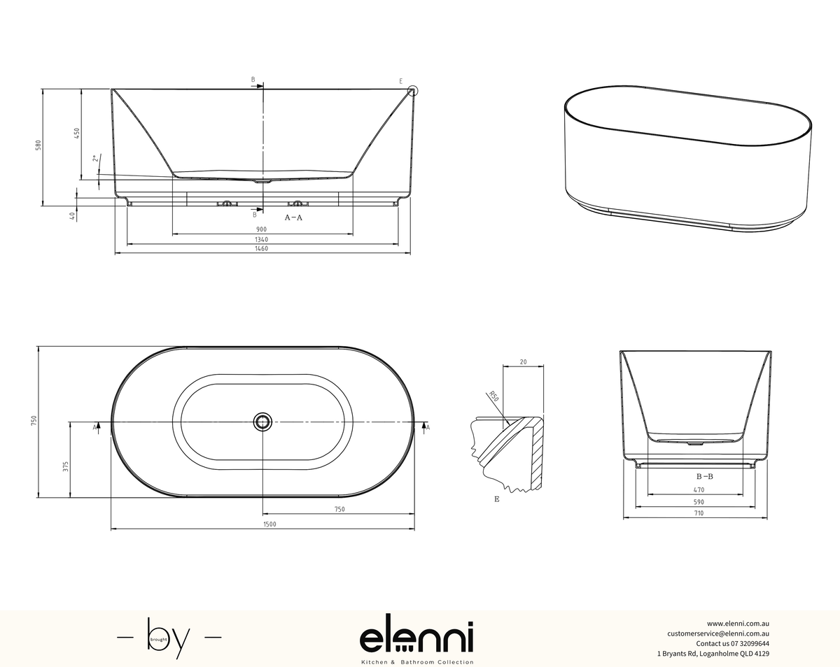 Attica Celine 1500 Matte White Bath with Overflow - Elenni specification drawing