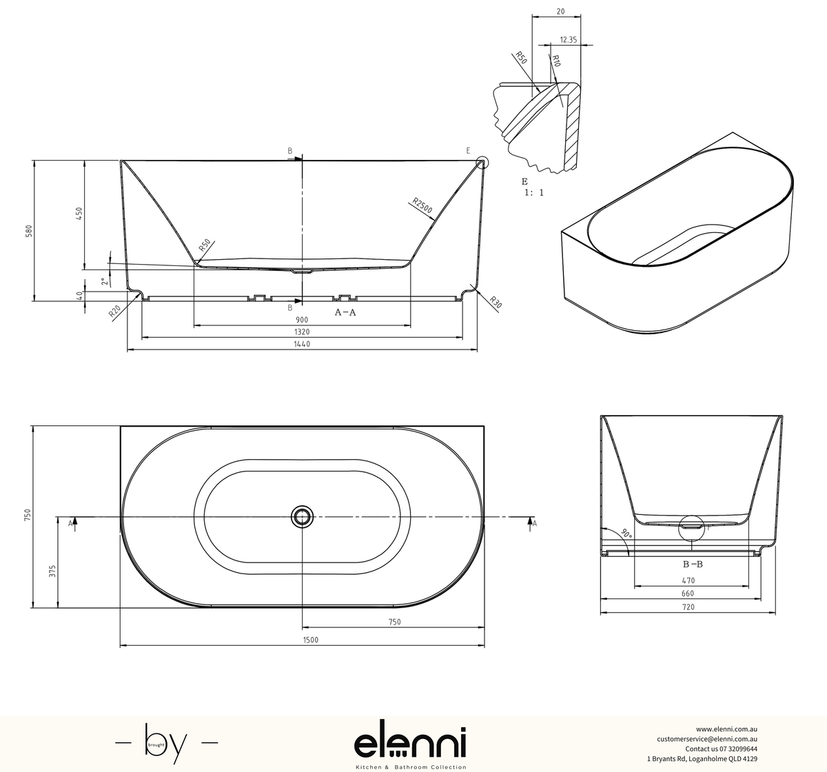 Attica Celine 1500 Matte White BTW Multi-fit Bath with Overflow - Elenni specification drawing