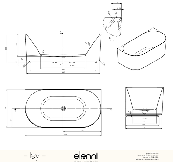 Attica Celine 1500 Matte White BTW Multi-fit Bath with Overflow - Elenni specification drawing