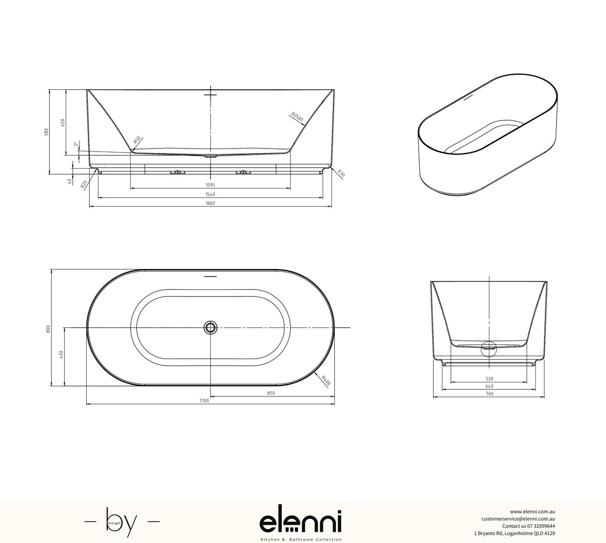 Attica Celine 1700 Gloss White Bath with Overflow - Elenni specification drawing
