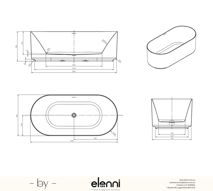 Attica Celine 1700 Matte White Bath with Overflow - Elenni specification drawing