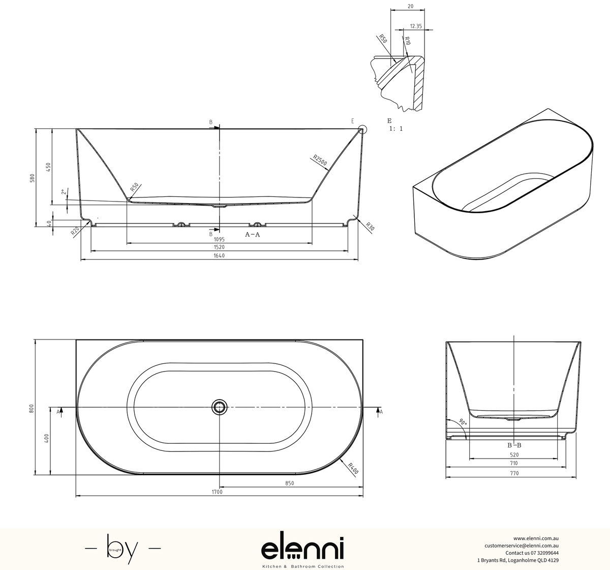 Attica Celine 1700 Matte White BTW Multi-fit Bath with Overflow - Elenni specification drawing