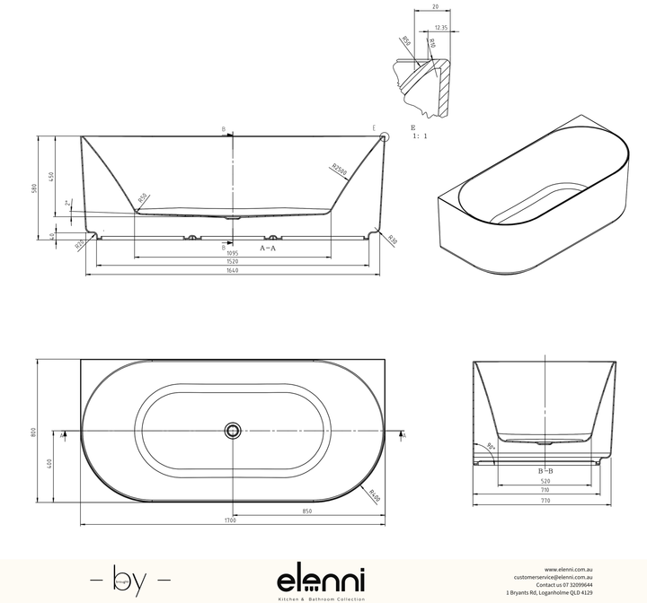 Attica Celine 1700 Matte White BTW Multi-fit Bath with Overflow - Elenni specification drawing