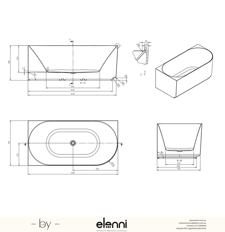 Attica Celine Left Corner 1500 Gloss White Bath with Overflow - Elenni specification drawing