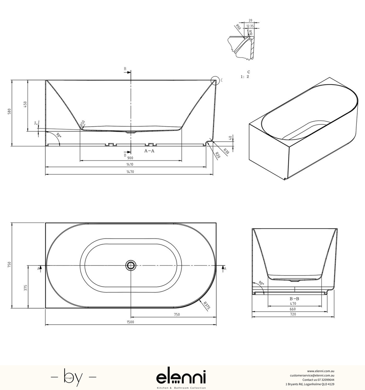 Attica Celine Left Corner 1500 Matte White Bath with Overflow - Elenni specification drawing