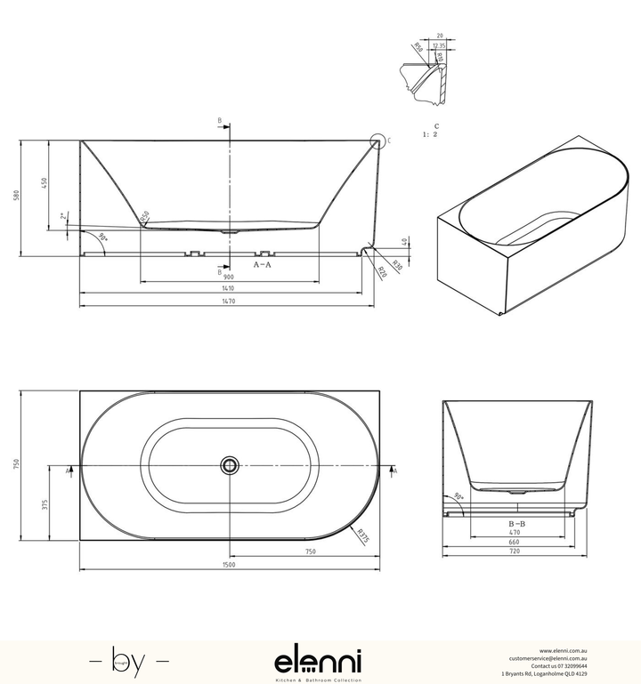 Attica Celine Left Corner 1500 Matte White Bath with Overflow - Elenni specification drawing