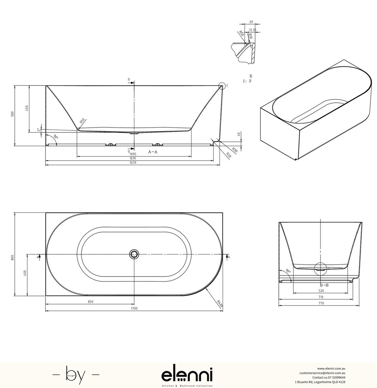Attica Celine Left Corner 1700 Gloss White Bath with Overflow - Elenni specification drawing