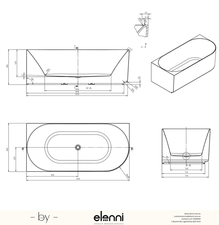 Attica Celine Left Corner 1700 Gloss White Bath with Overflow - Elenni specification drawing