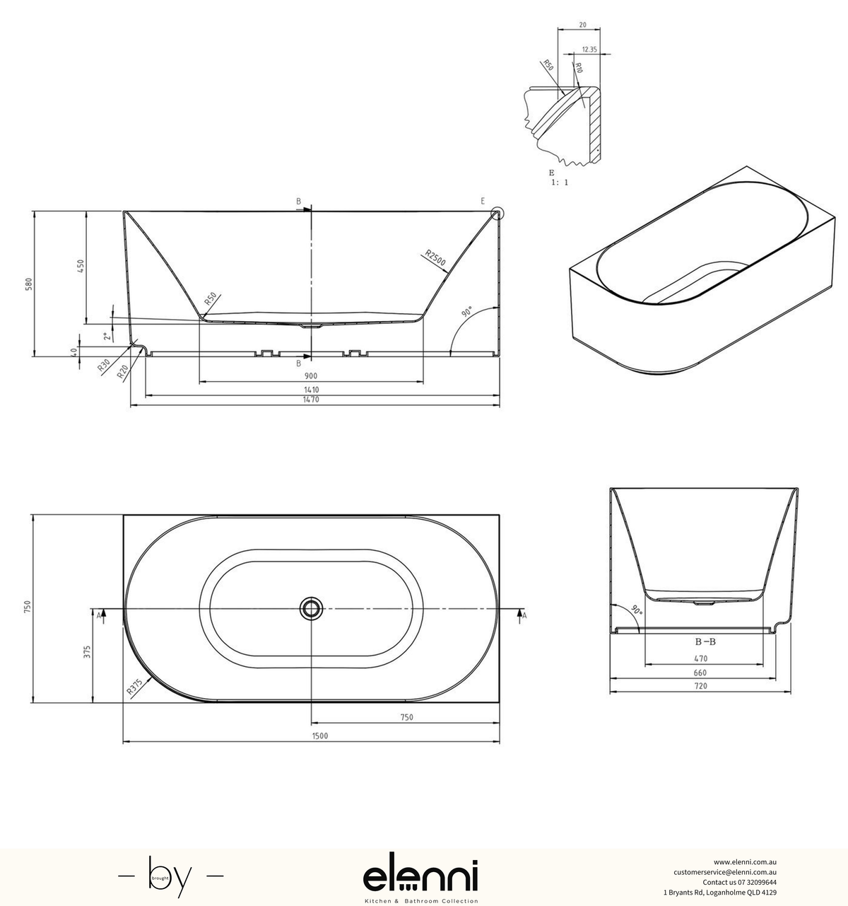Attica Celine Right Corner 1500 Matte White Bath with Overflow - Elenni specification drawing