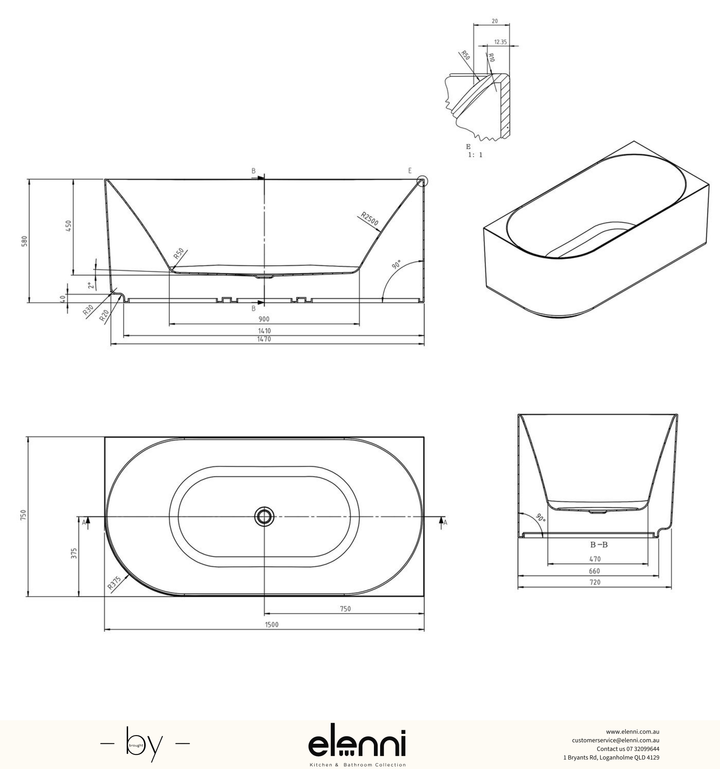 Attica Celine Right Corner 1500 Matte White Bath with Overflow - Elenni specification drawing
