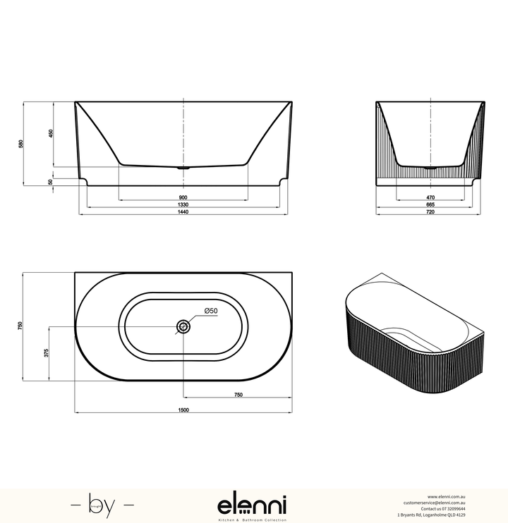 Attica Havana 1500 Matte White BTW Multi-fit Fluted Bath with Overflow - Elenni specification drawing