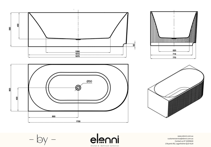 Attica Havana Left Corner 1700 Gloss White Fluted Bath with Overflow - Elenni specification drawing