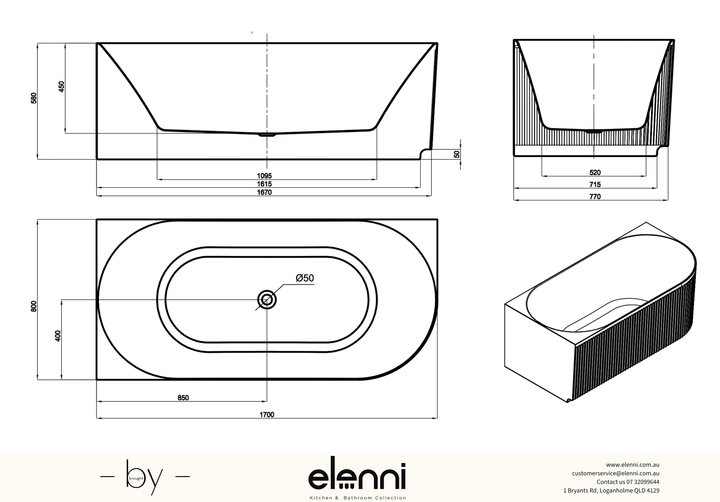 Attica Havana Left Corner 1700 Matte White Fluted Bath with Overflow - Elenni specification drawing