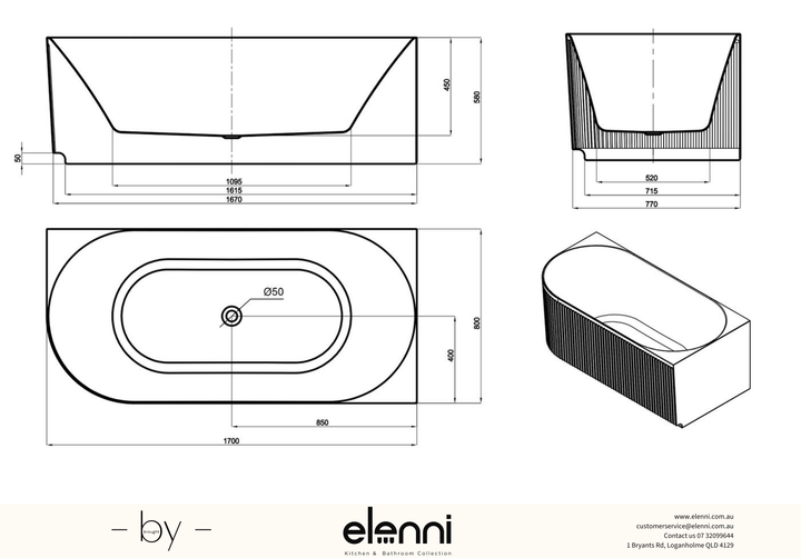 Attica Havana Right Corner 1700 Matte White Fluted Bath with Overflow - Elenni specification drawing