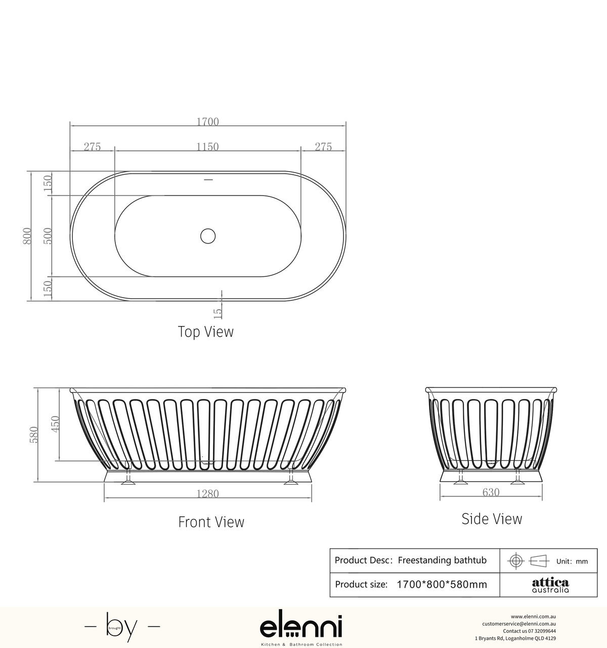 Attica Kensington 1700 Gloss White Bath with Overflow - Elenni specification drawing
