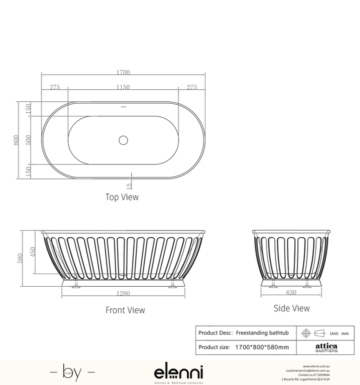 Attica Kensington 1700 Gloss White Bath with Overflow - Elenni specification drawing