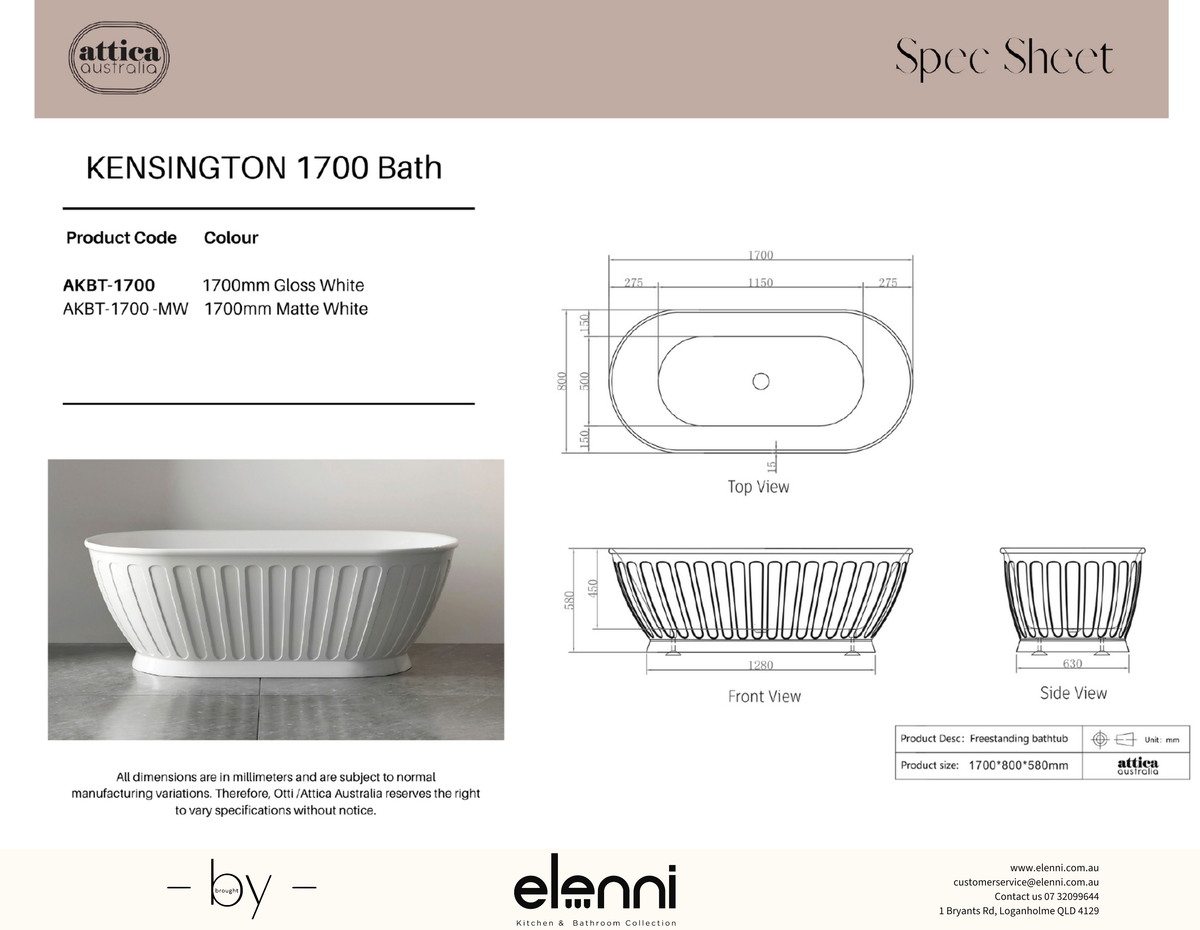 Attica Kensington 1700 Matte White Bath - Elenni specification sheet