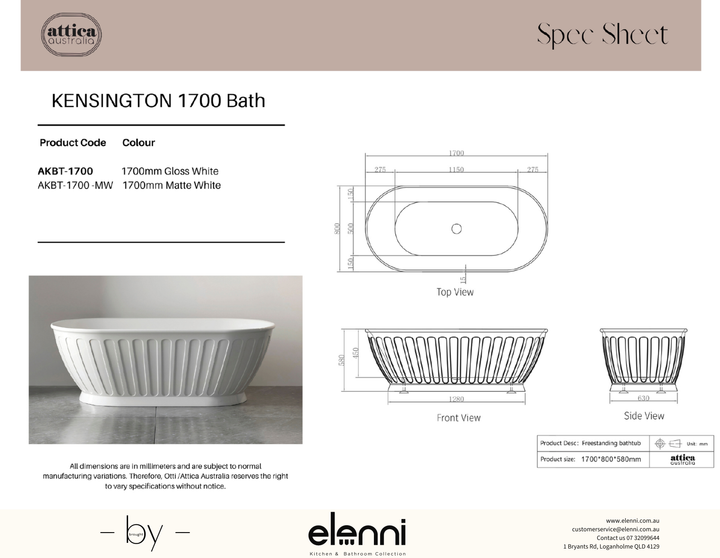 Attica Kensington 1700 Matte White Bath - Elenni specification sheet