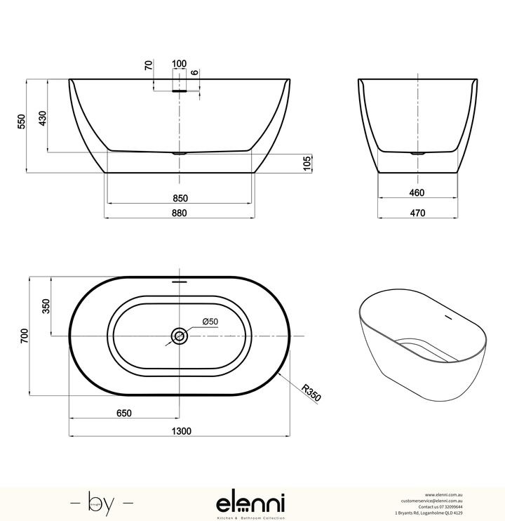 Attica Manolo 1300 Gloss White Bath with Overflow - Elenni specification drawing