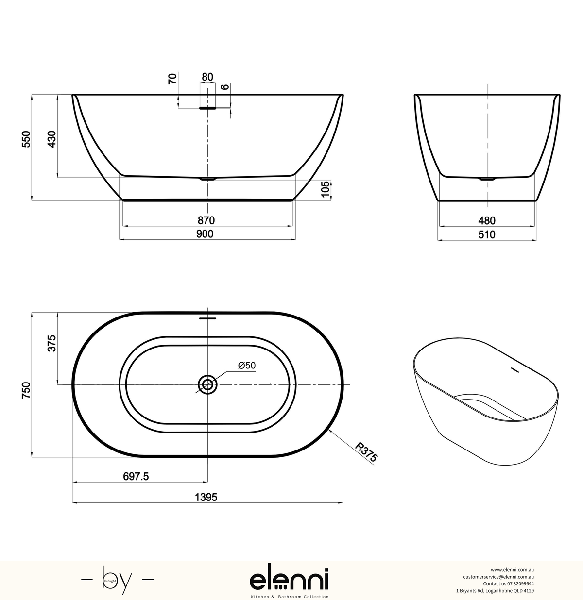 Attica Manolo 1400 Gloss White Bath with Overflow - Elenni specification drawing