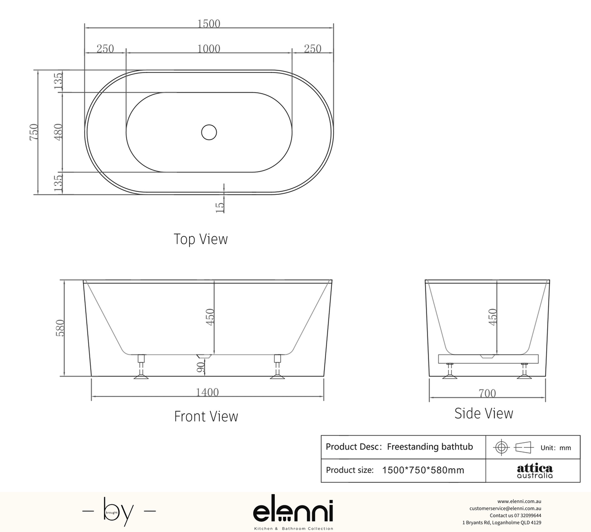 Attica Noosa Fluted 1500 Gloss White Bath with Overflow - Elenni specification drawing