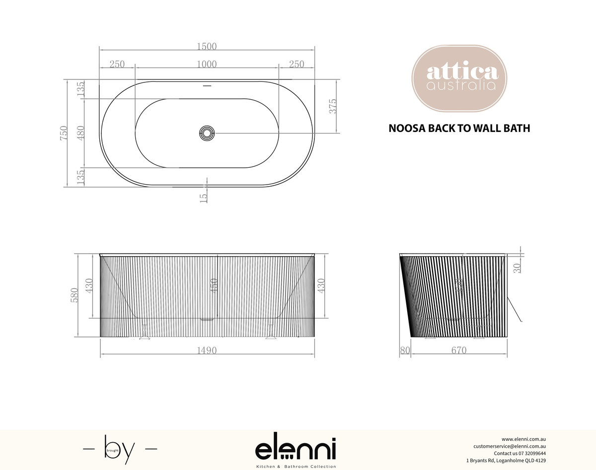 Attica Noosa Fluted 1500 Matte White BTW Multi-fit Bath with Overflow - Elenni specification drawing