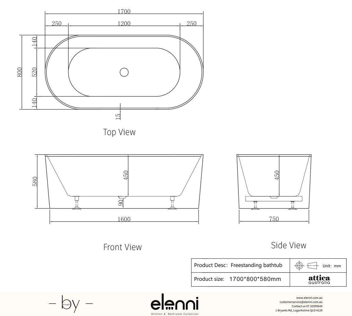 Attica Noosa Fluted 1700 Gloss White Bath with Overflow - Elenni specification drawing