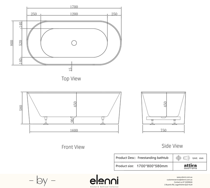 Attica Noosa Fluted 1700 Gloss White Bath with Overflow - Elenni specification drawing