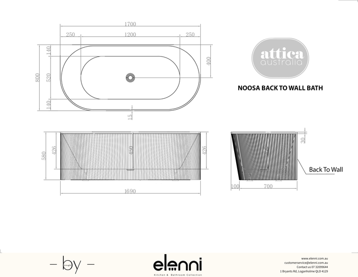 Attica Noosa Fluted 1700 Gloss White BTW Multi-fit Bath with Overflow - Elenni specification drawing
